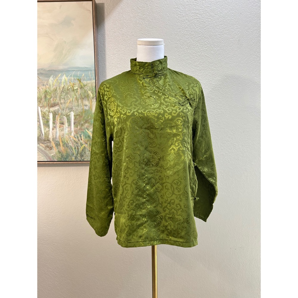 Tibet Gallery Green Silk Jacquard Mandarin Collar Frog Button Blouse Nepal M